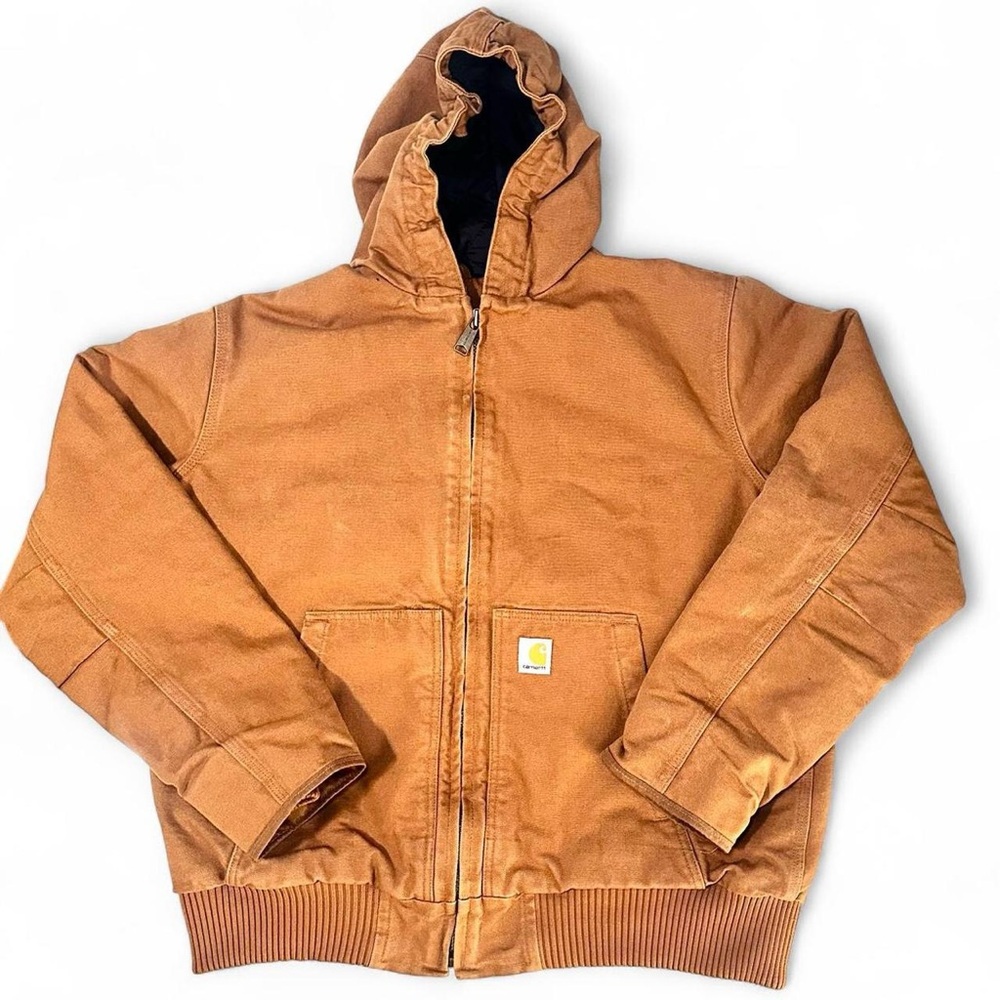 Men’s Carhartt quilted lined heavy brown jacket with hood L